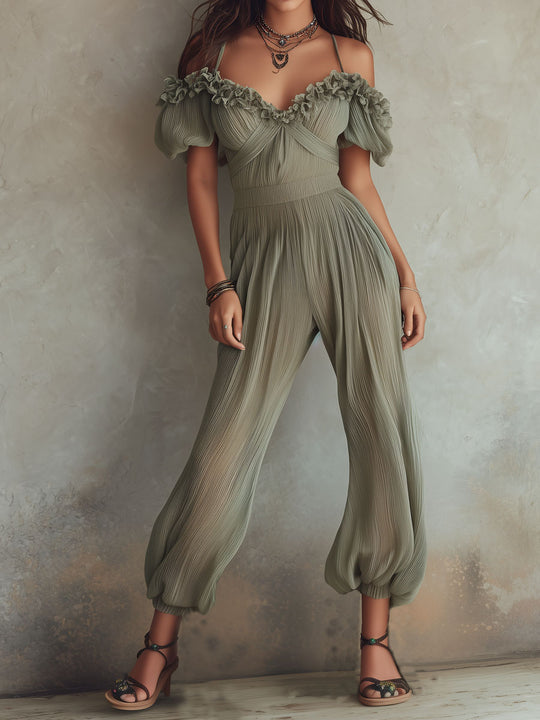 Boho Olive Mist Off-Shoulder Ruffled Pleated Jumpsuit