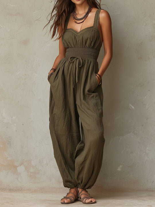 Boho Earth Olive Smocked Waist Cotton Jumpsuit