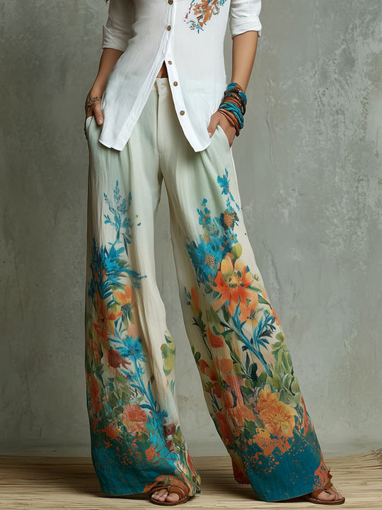 Boho Ocean Garden Floral Print Shirt & Wide-Leg Trousers Set