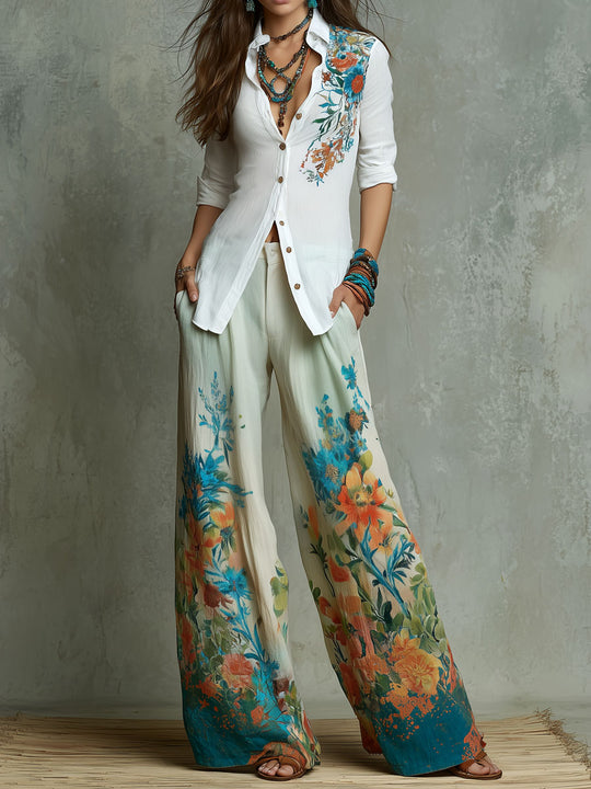 Boho Ocean Garden Floral Print Shirt & Wide-Leg Trousers Set