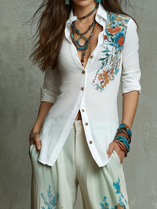 Boho Ocean Garden Floral Print Shirt & Wide-Leg Trousers Set