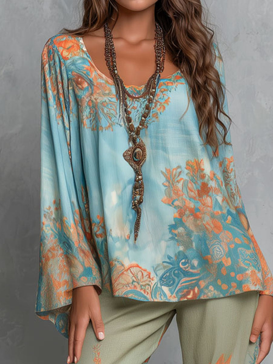 Bohemian Ocean Sunset Print Flared Pants & Flowing Blouse Set