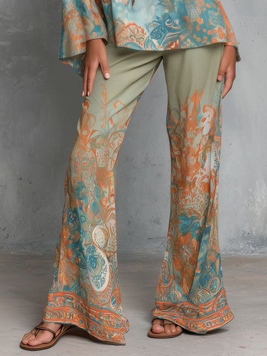Bohemian Ocean Sunset Print Flared Pants & Flowing Blouse Set