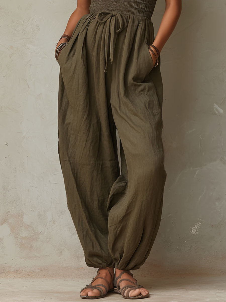 Boho Earth Olive Smocked Waist Cotton Jumpsuit