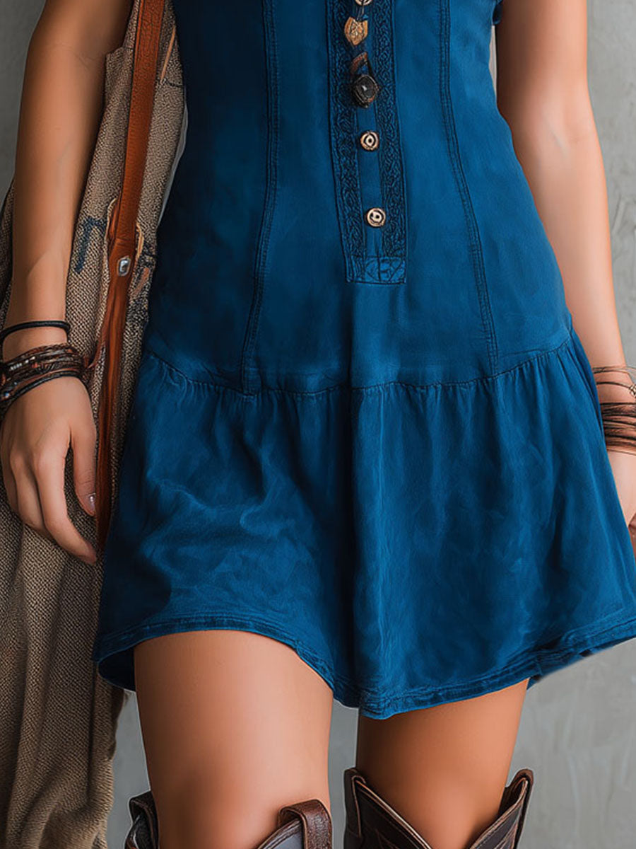 Boho Chic Deep Indigo Button-Front Sleeveless Mini Dress