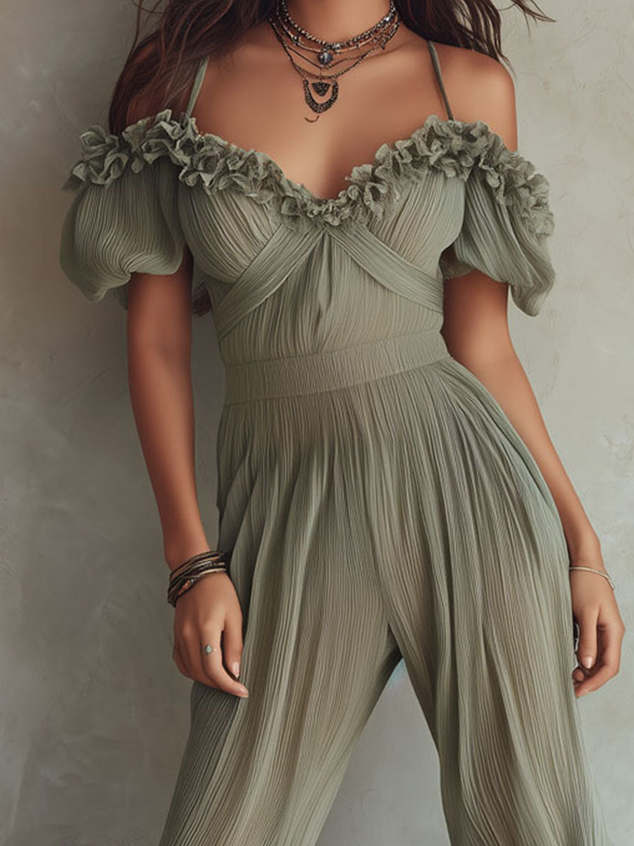 Boho Olive Mist Off-Shoulder Ruffled Pleated Jumpsuit