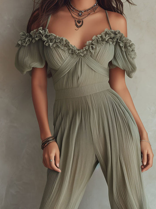 Boho Olive Mist Off-Shoulder Ruffled Pleated Jumpsuit