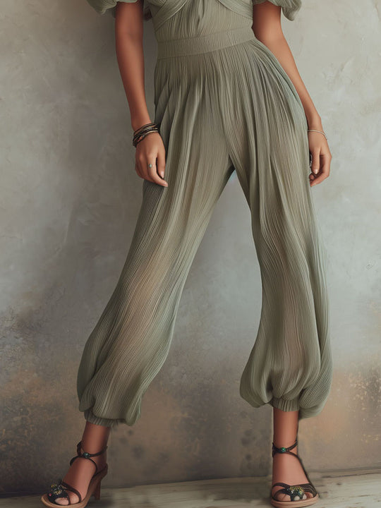 Boho Olive Mist Off-Shoulder Ruffled Pleated Jumpsuit