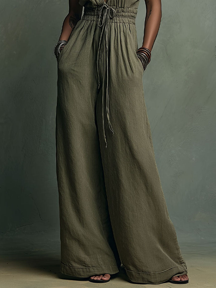 Boho Olive Halterneck Drawstring Linen Jumpsuit