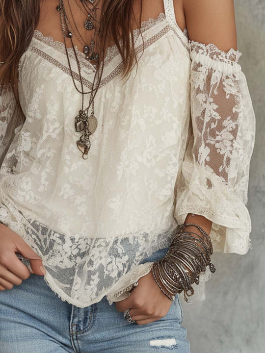 Bohemian Cold-Shoulder Lace Blouse
