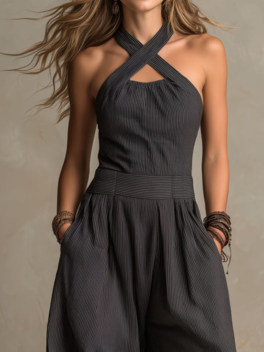 Boho Charcoal Crisscross Halter Pinstripe Wide-Leg Jumpsuit