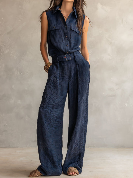 Boho Midnight Slate Texture Belted Utility Jumpsuit