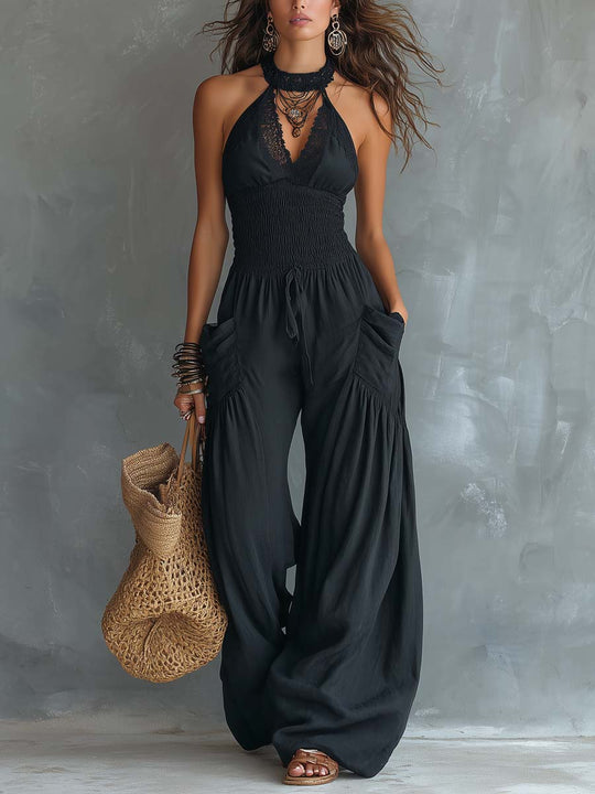 Retro Lace Halter-Neck Jumpsuit With Pockets