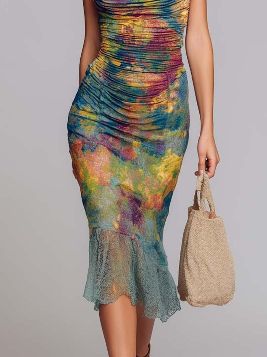 Bohemian Halter Ruched Tie-Dye Mesh Midi Dress