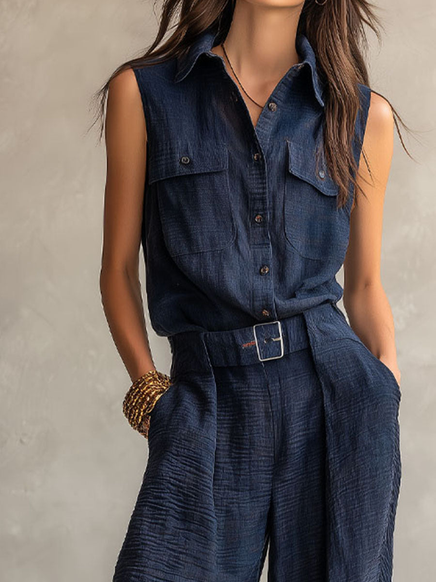 Boho Midnight Slate Texture Belted Utility Jumpsuit
