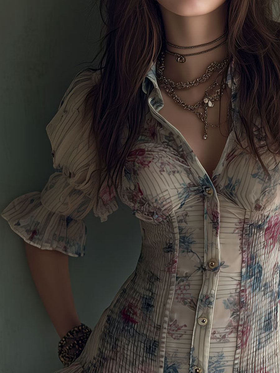 Retro Shirred Waist Floral Pattern Chiffon Mini Dress