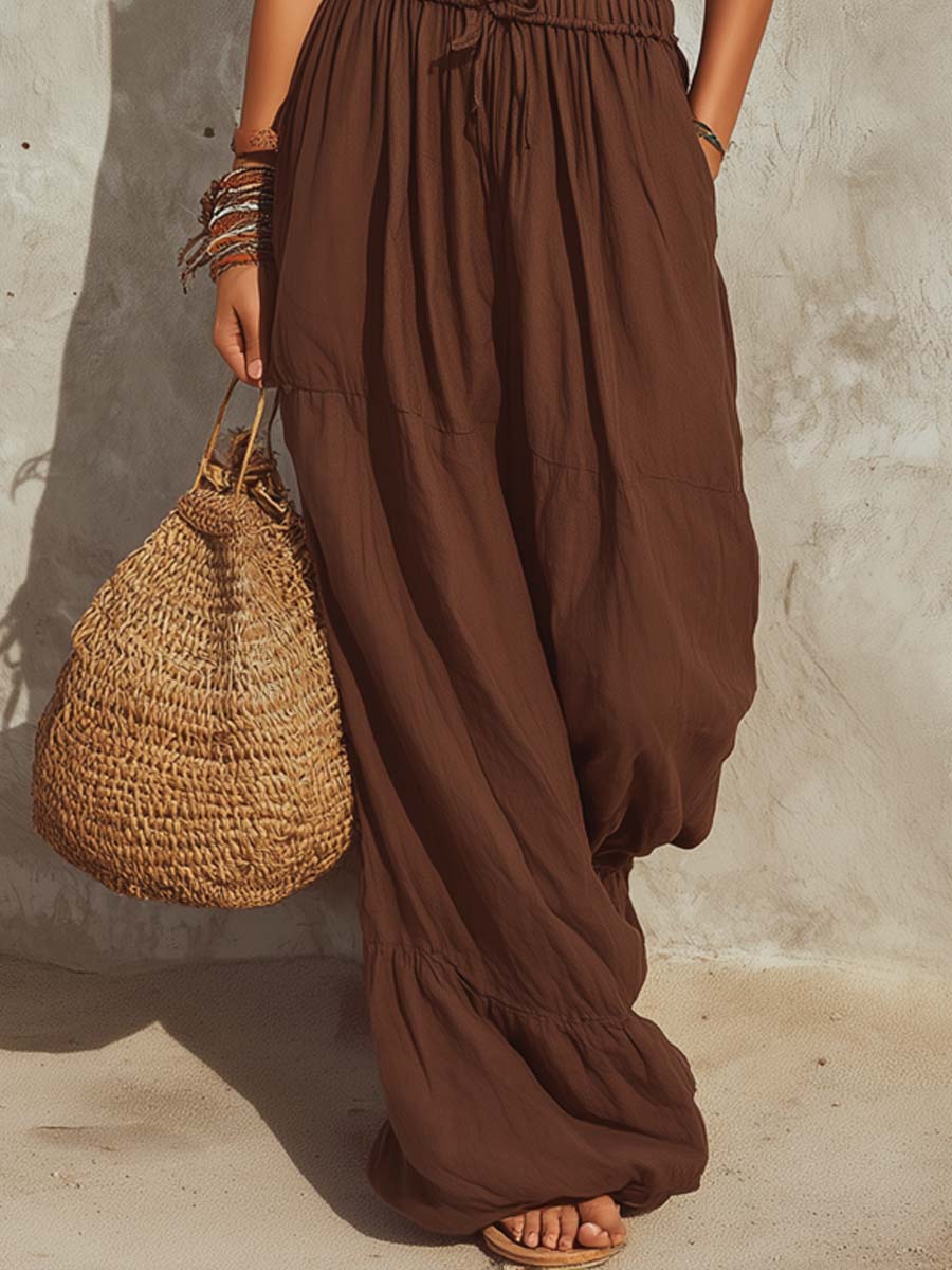 Retro Lace-Paneled Cotton-Linen Jumpsuit