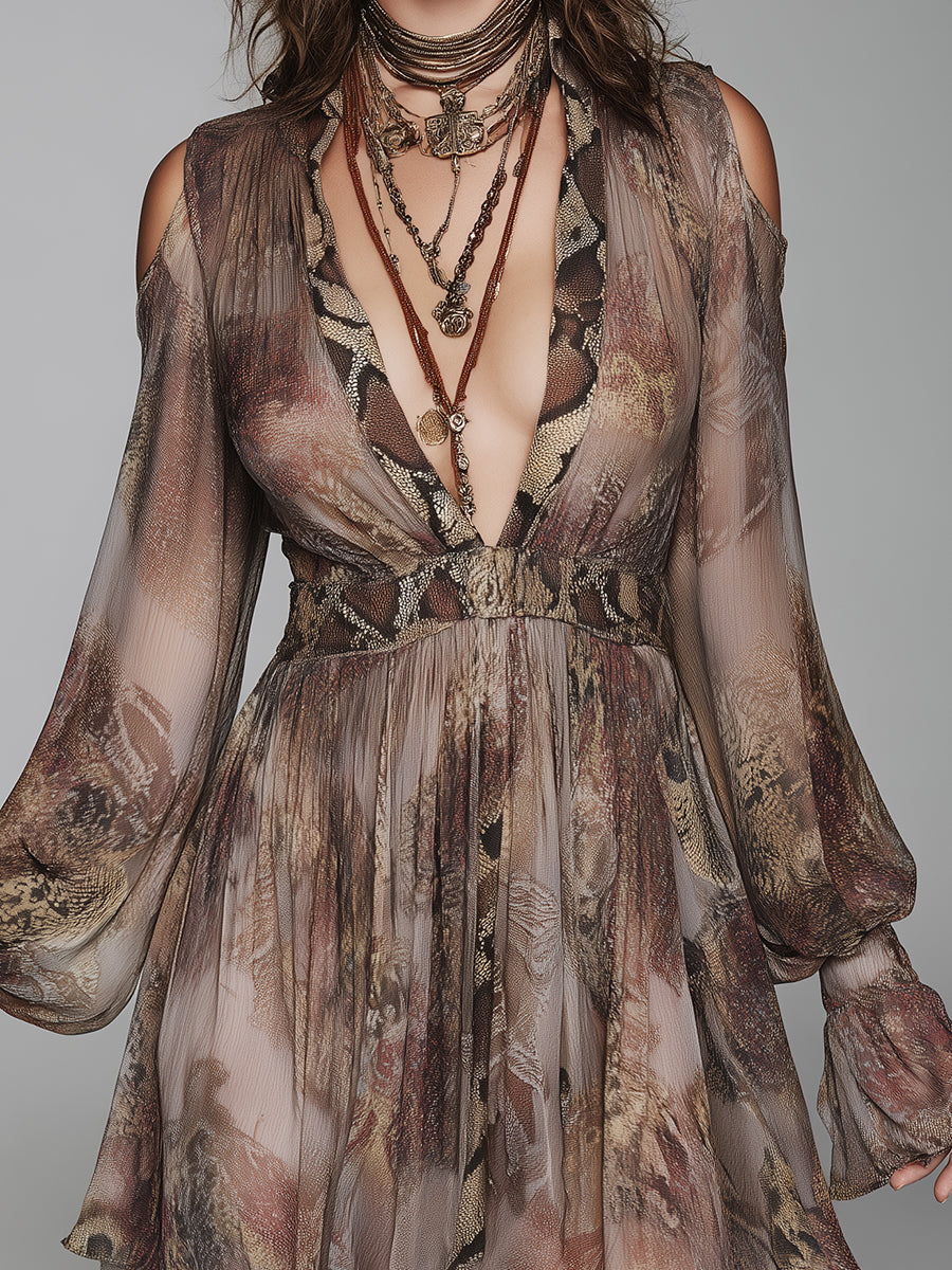 Boho Snake-Print Chiffon Mini Dress