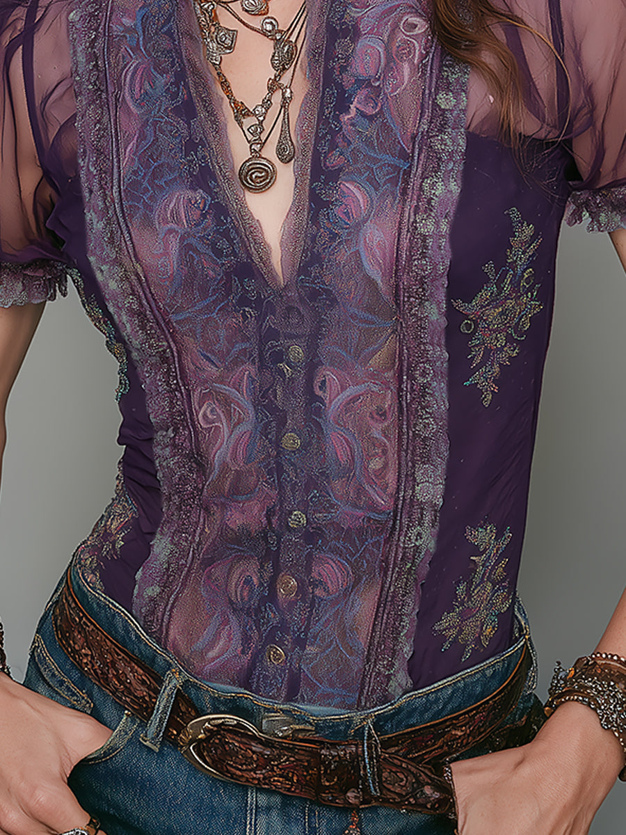 Retro Mesh-Paneled Short-Sleeve Blouse