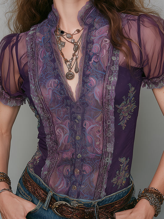 Retro Mesh-Paneled Short-Sleeve Blouse