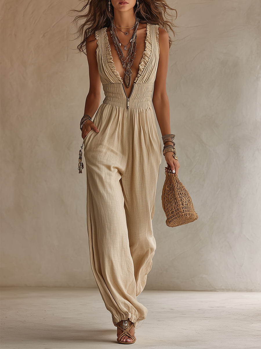 V-Neck Front-Zip Cotton-Linen Wide-Leg Jumpsuit