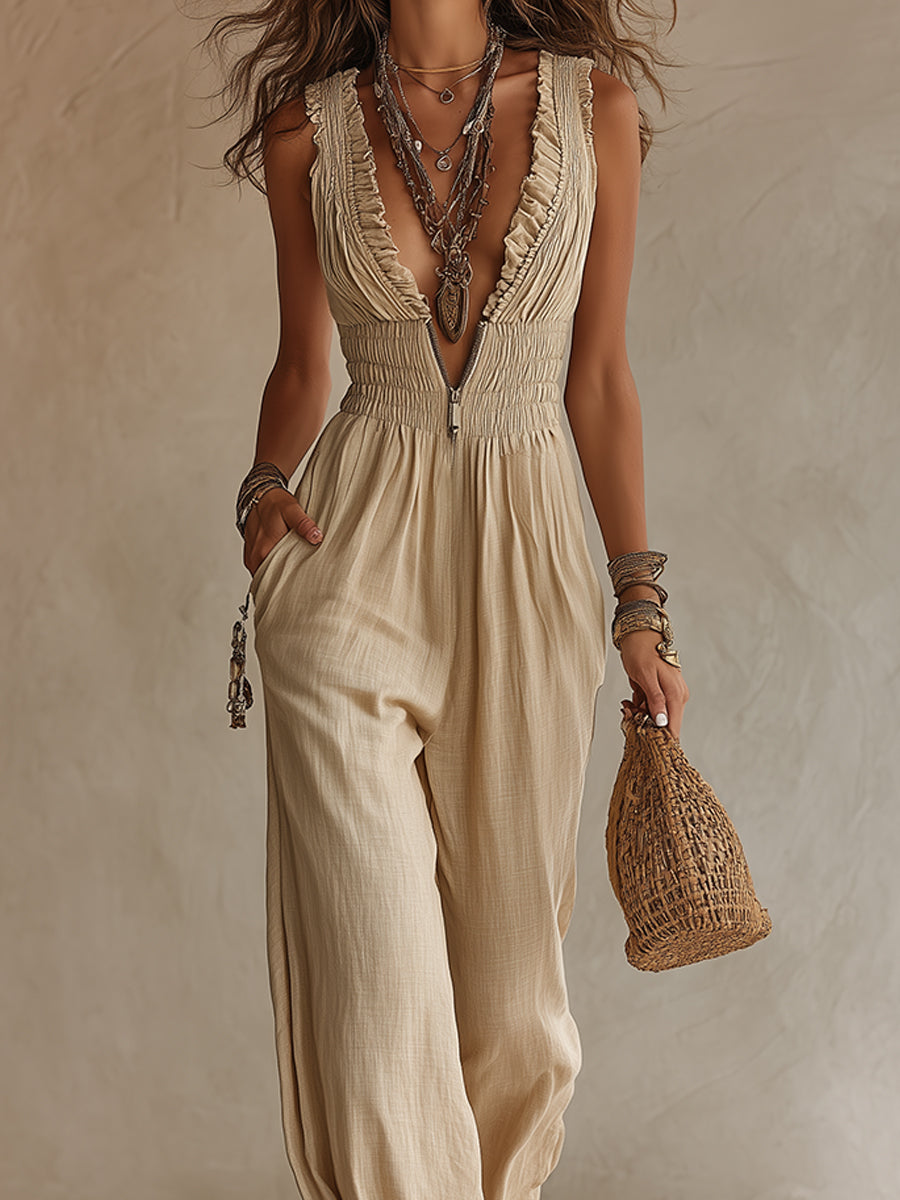 V-Neck Front-Zip Cotton-Linen Wide-Leg Jumpsuit