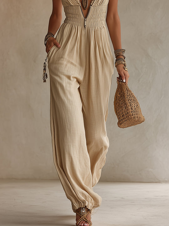 V-Neck Front-Zip Cotton-Linen Wide-Leg Jumpsuit