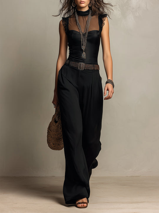 Mesh-Paneled Blouse & Wide-Leg Pants Set