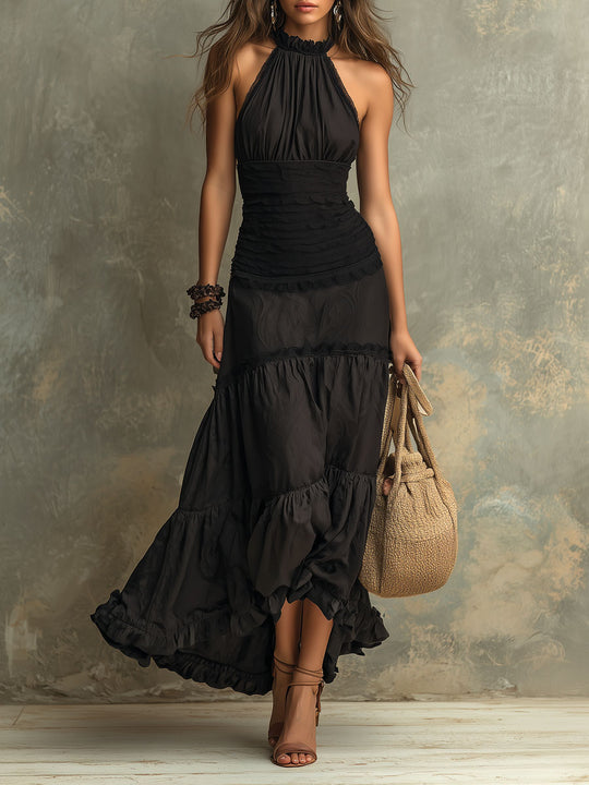 Boho Chic High-Neck Ruffled Maxi Dress With Lace Detail