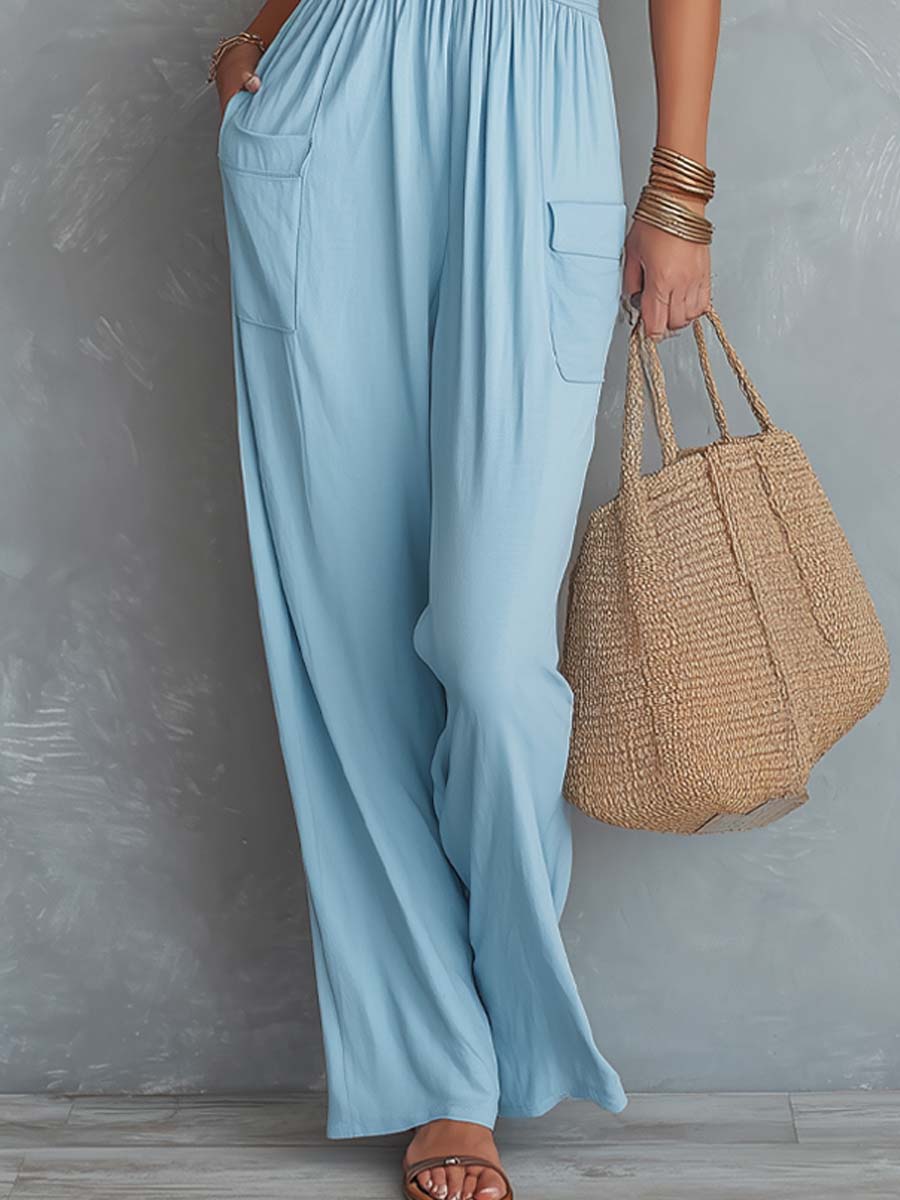 Boho Casual Ruched Flap-Pocket Jumpsuit