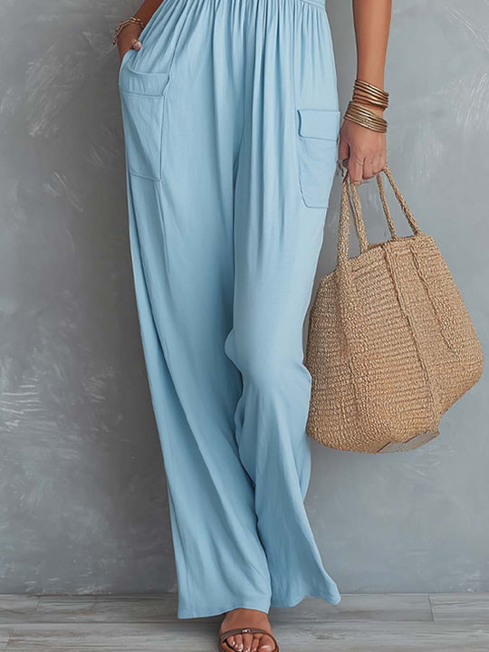 Boho Casual Ruched Flap-Pocket Jumpsuit