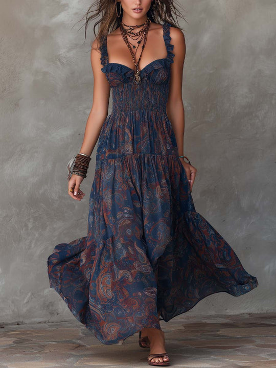 Bohemian Paisley Ruffle Straps Chiffon Maxi Dress