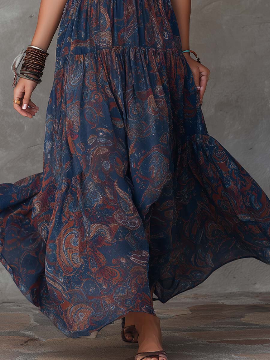 Bohemian Paisley Ruffle Straps Chiffon Maxi Dress