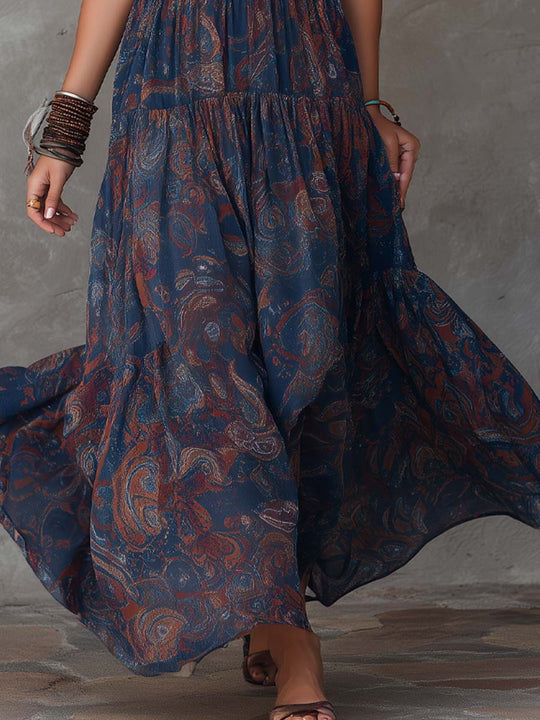 Bohemian Paisley Ruffle Straps Chiffon Maxi Dress