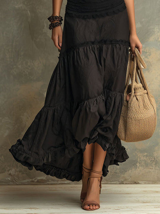 Boho Chic High-Neck Ruffled Maxi Dress With Lace Detail