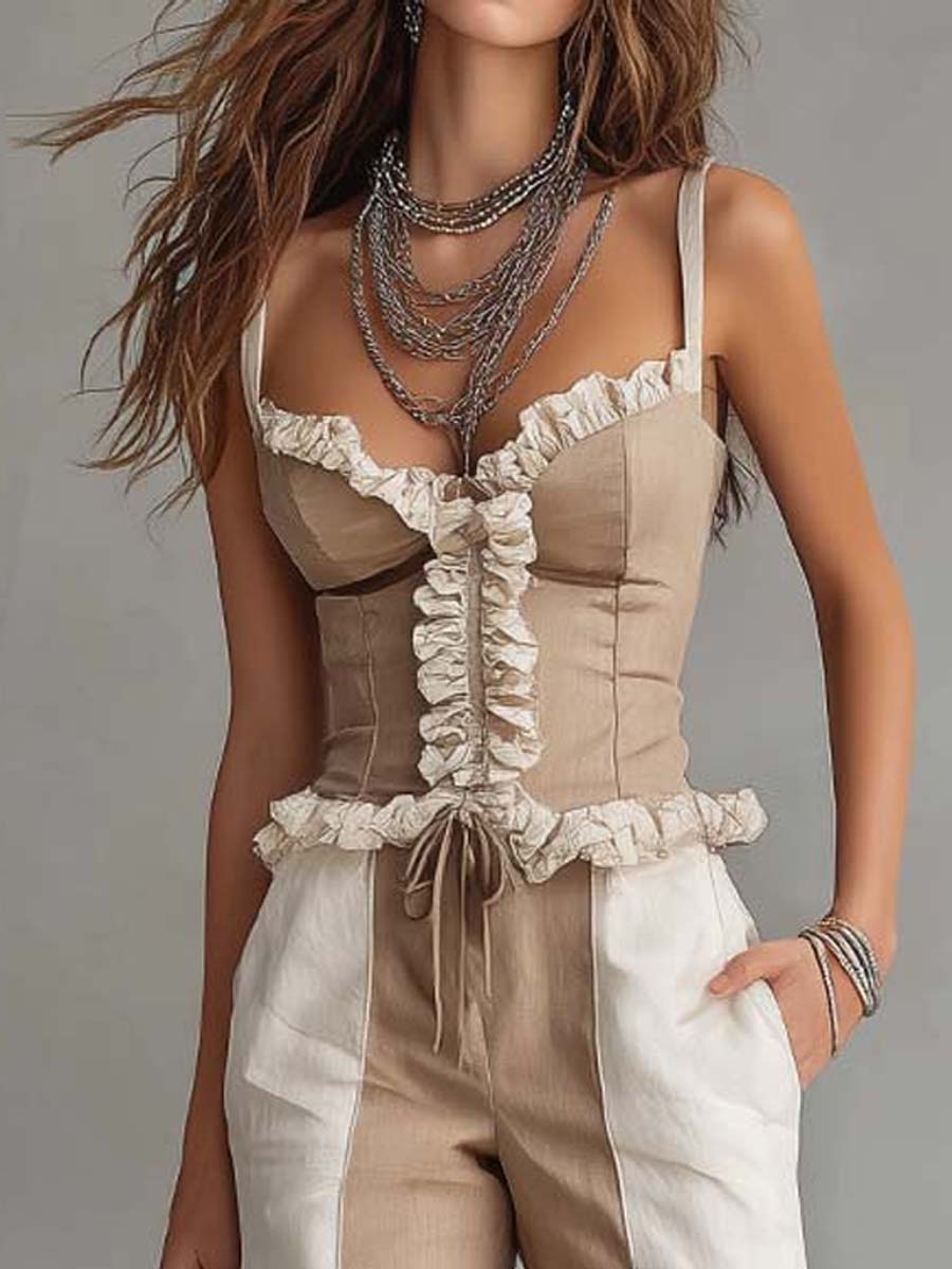 Colorblock Ruffle Trim Corset & Linen-Blend Wide-Leg Pants Set