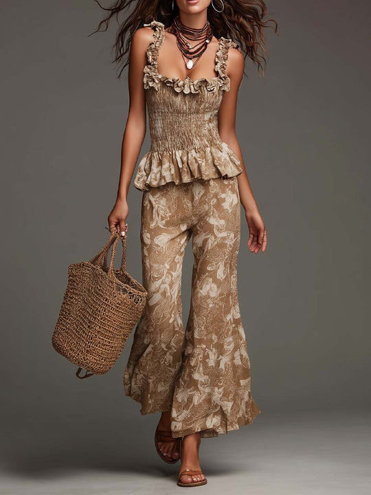 Bohemian Smocked Ruffle Camisole And Floral Flare Pants Set