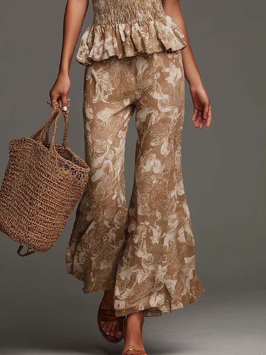 Bohemian Smocked Ruffle Camisole And Floral Flare Pants Set