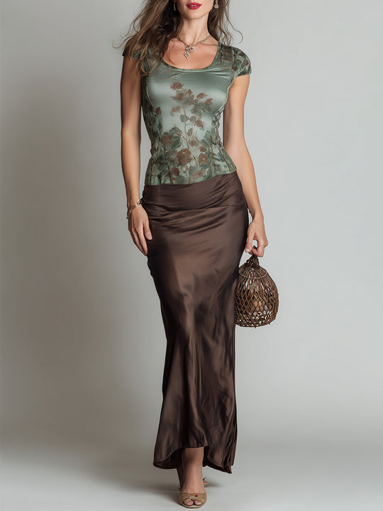 Retro-Print Short-Sleeve T-Shirt & Satin Skirt Set