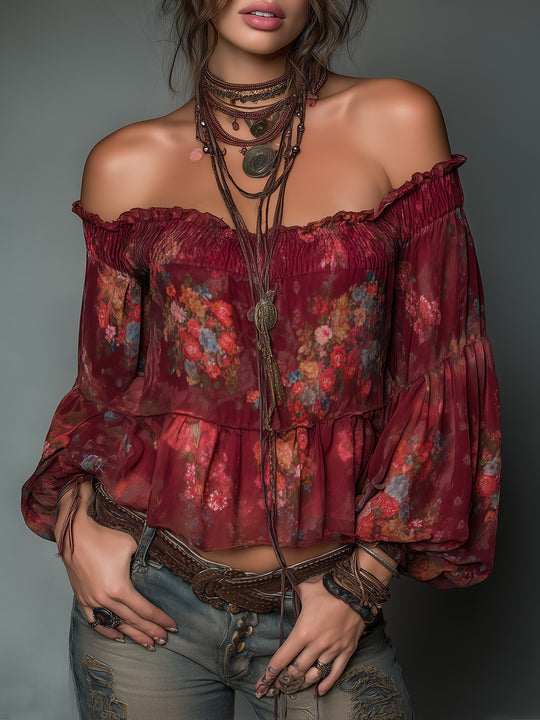 Boho Off-the-Shoulder Printed Chiffon Blouse