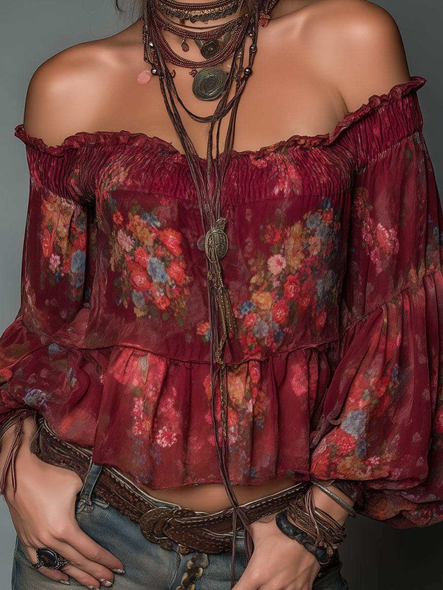 Boho Off-the-Shoulder Printed Chiffon Blouse