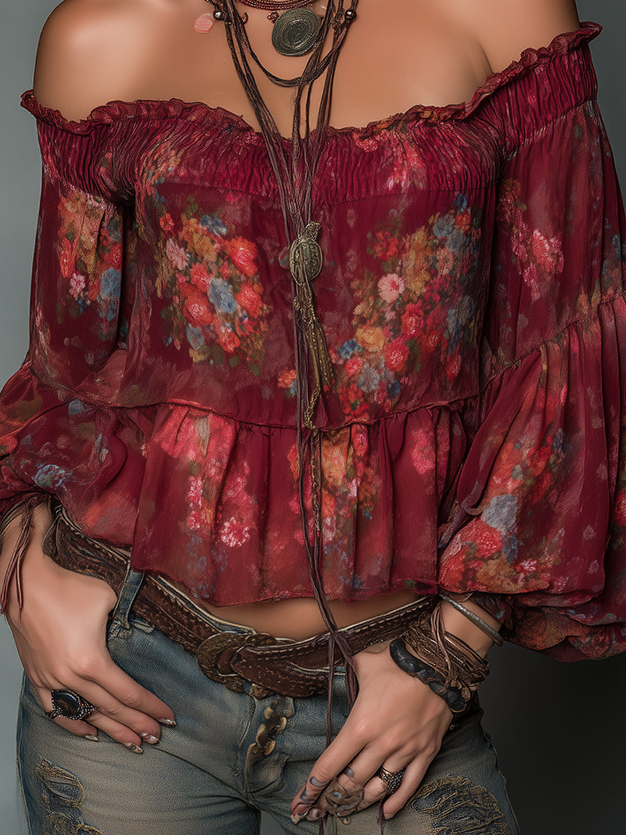 Boho Off-the-Shoulder Printed Chiffon Blouse