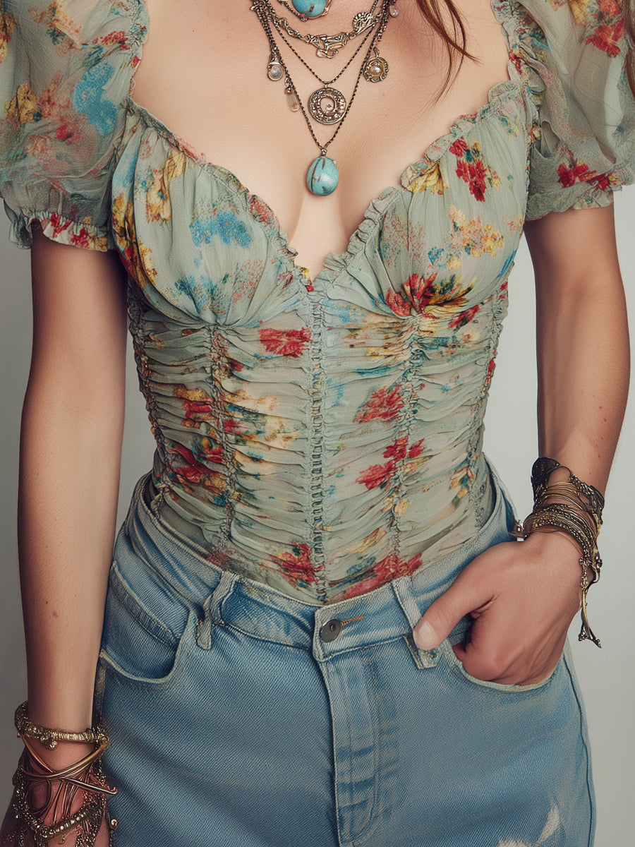 Retro-Print Pleated Short-Sleeve Blouse