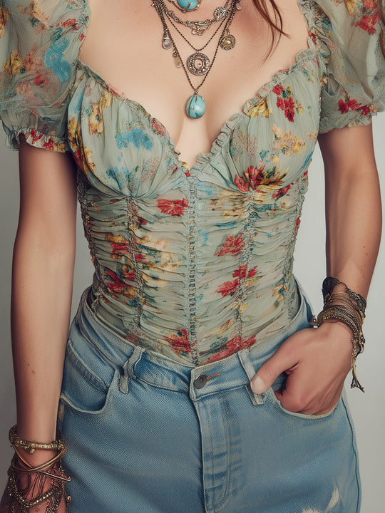 Retro-Print Pleated Short-Sleeve Blouse