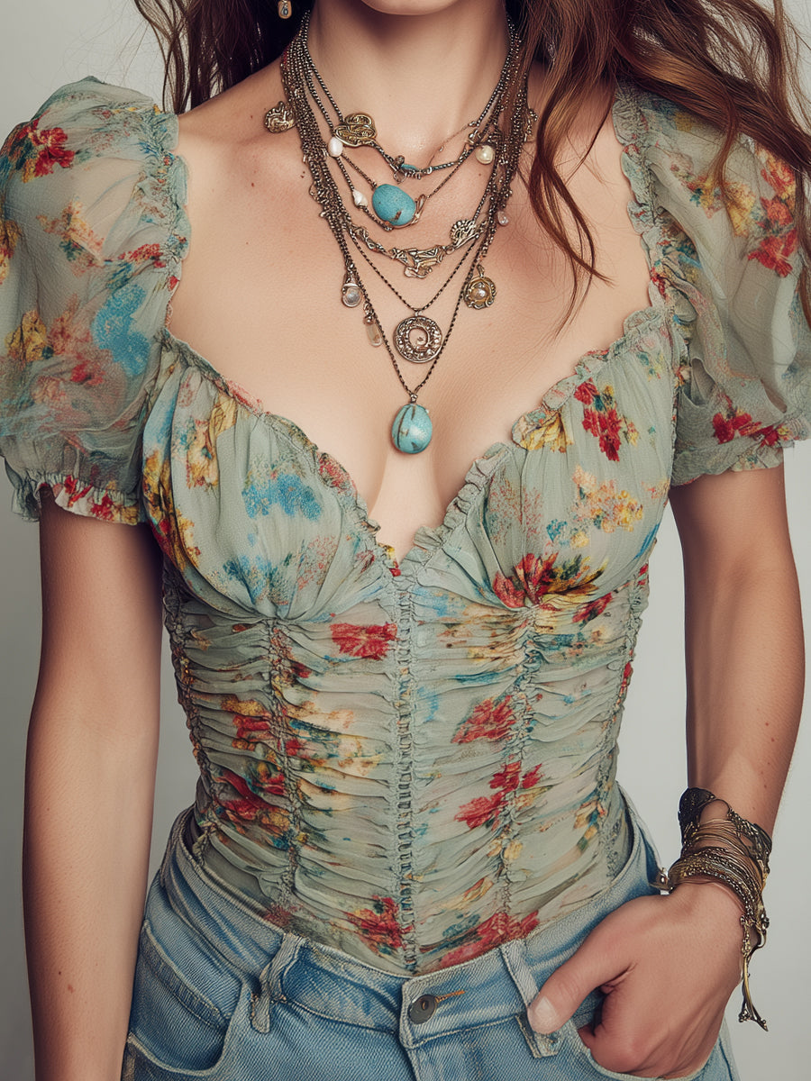 Retro-Print Pleated Short-Sleeve Blouse