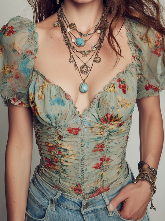 Retro-Print Pleated Short-Sleeve Blouse