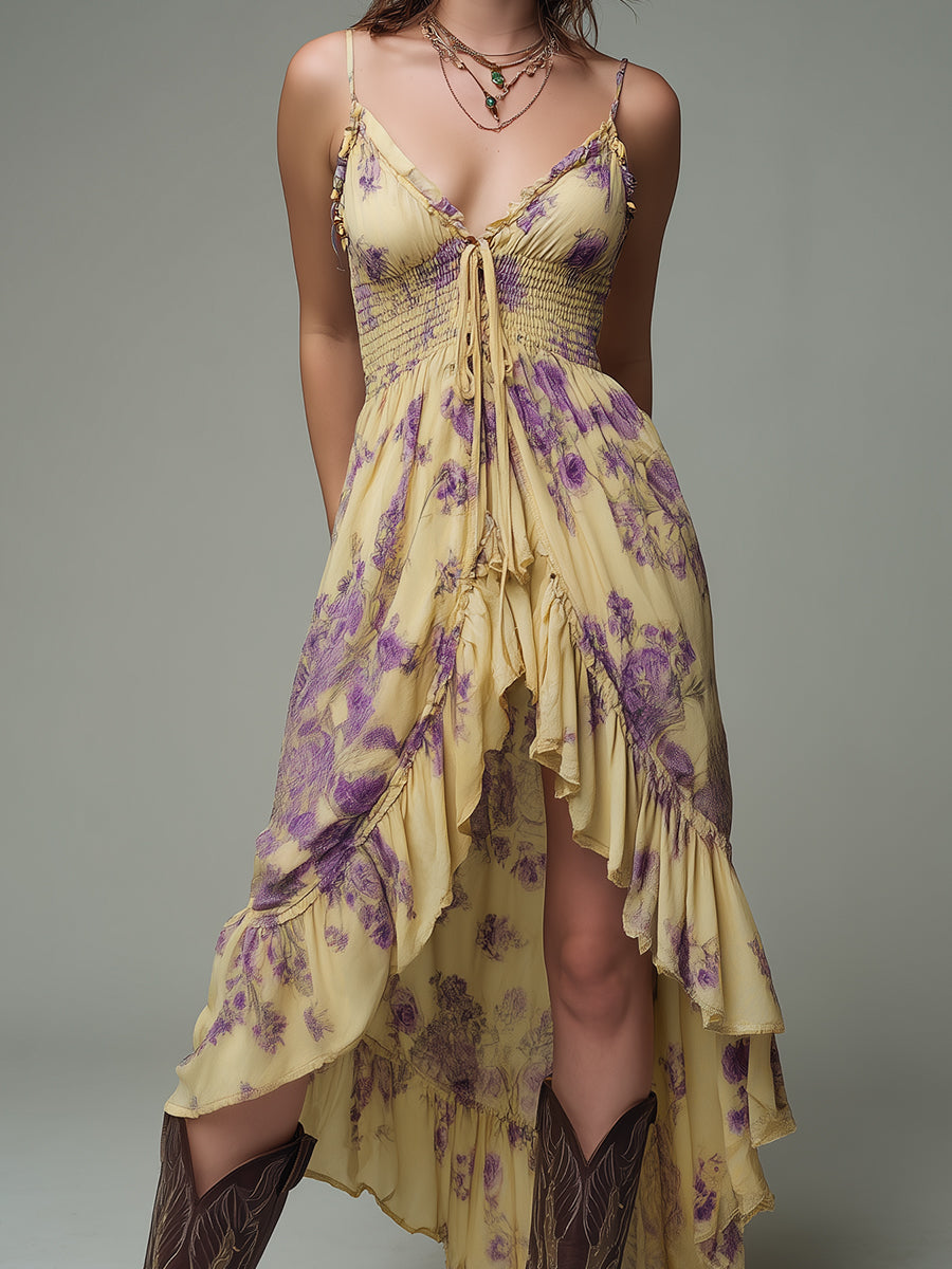 Boho High-Low Hem Shirred Waist Printed Midi Dress