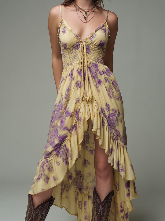 Boho High-Low Hem Shirred Waist Printed Midi Dress