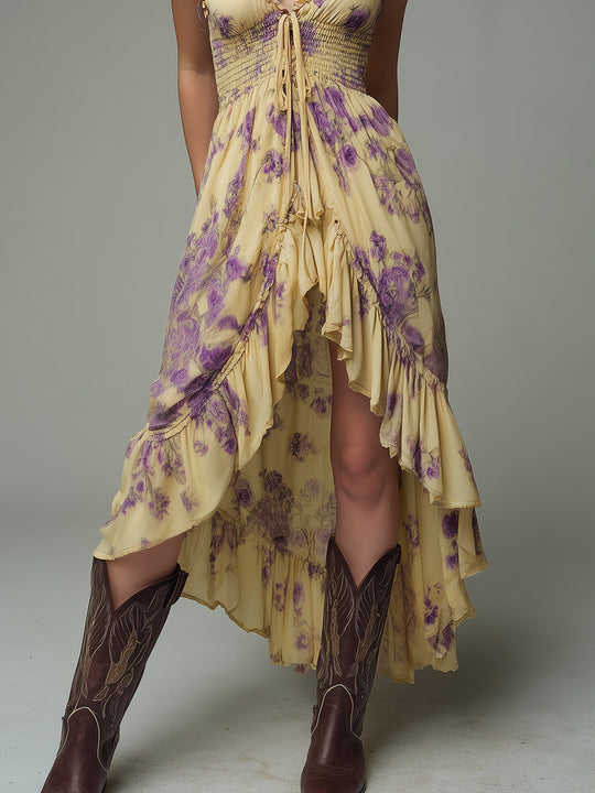 Boho High-Low Hem Shirred Waist Printed Midi Dress