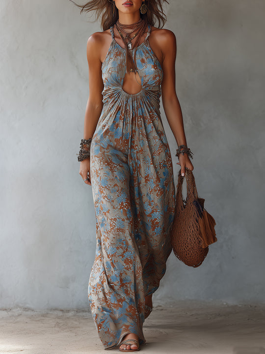 Boho Printed Keyhole Neckline Wide-Leg Jumpsuit